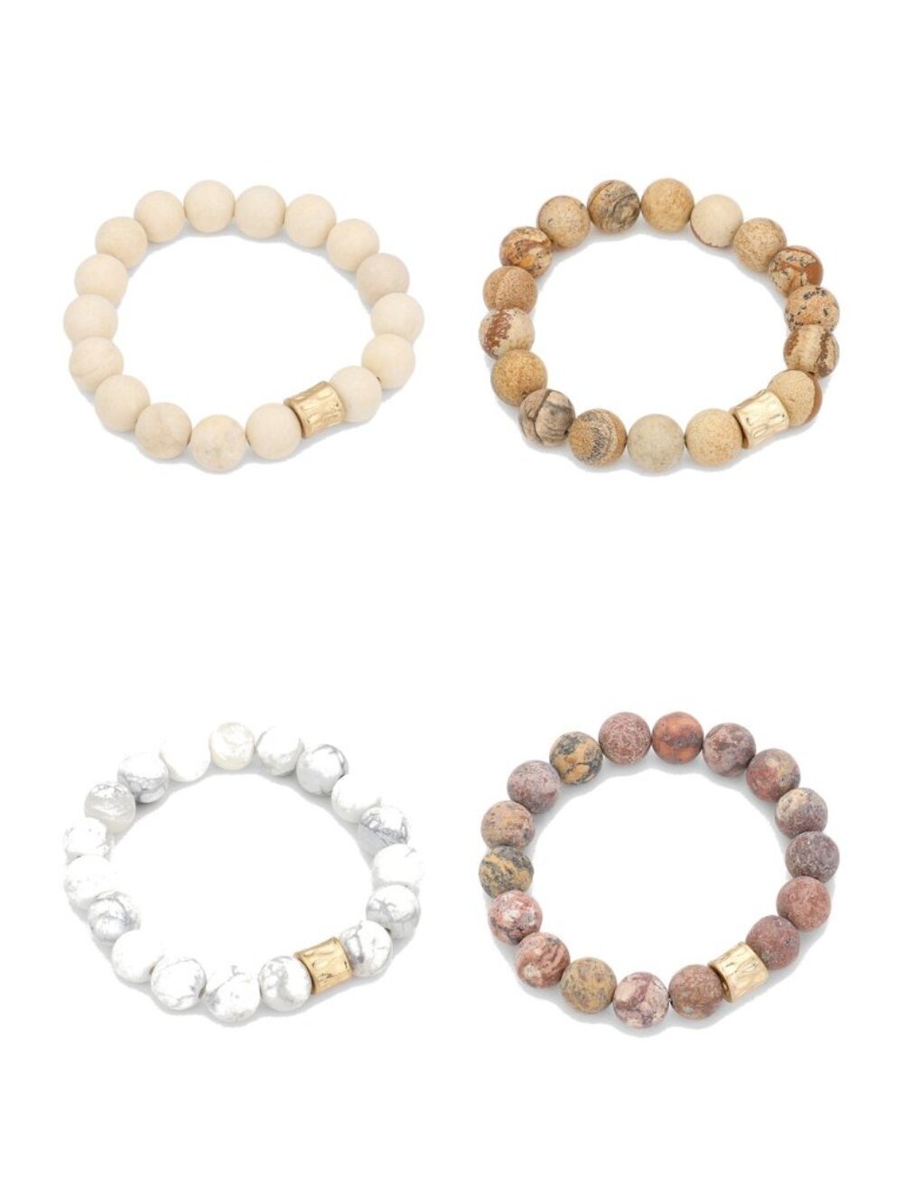 4 Bracelet Stack - Neutral Semi-Precious Stone Stretch Bracelets, 8mm Beads
